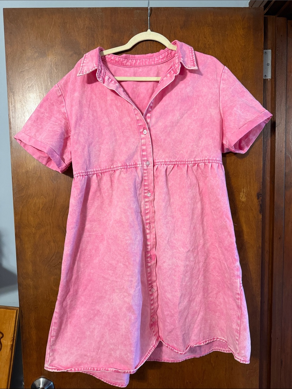 Pink Button-Front Short Sleeve Shirt Dress